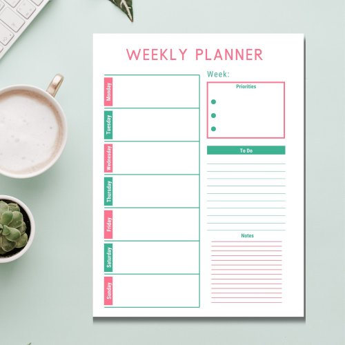 Pink and Teal Weekly Planner Notepad
