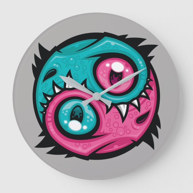 Pink and Teal Yin Yang Dragons Large Clock (Front)