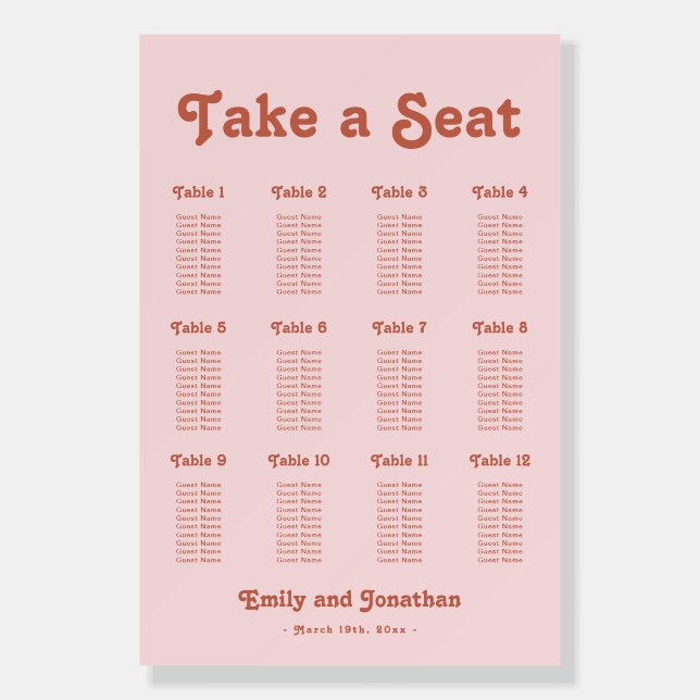 Pink and Terracotta Retro Wedding Seating Chart Foam Board (Front)