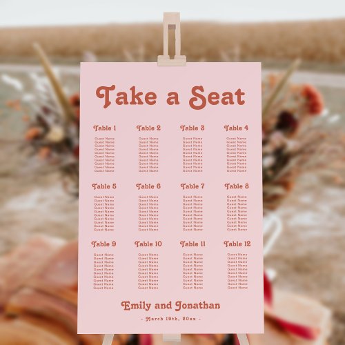 Pink and Terracotta Retro Wedding Seating Chart Foam Board