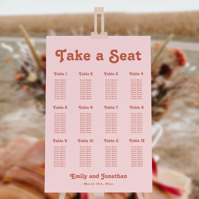 Pink and Terracotta Retro Wedding Seating Chart Foam Board (Creator Uploaded)