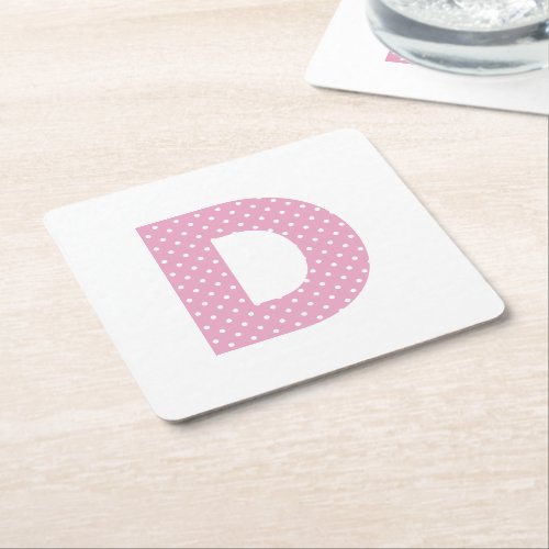 Pink and Tiny White Polka Dot Bold D Monogram Square Paper Coaster