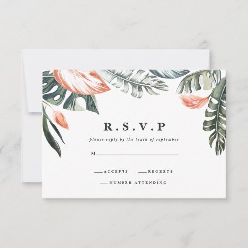 Pink and tropical leaf foliage wedding RSVP RSVP Card