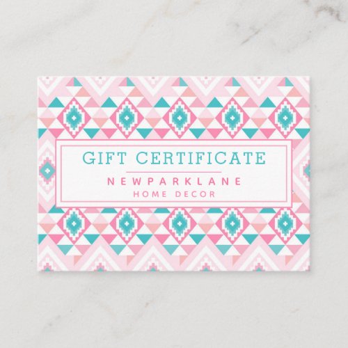 Pink and Turqoise Aztec Business Gift Certificate