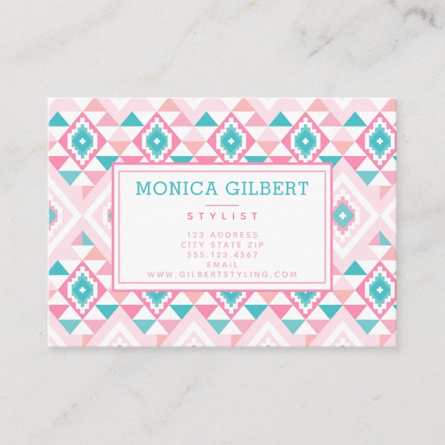 Pink and Turqoise Aztec Pattern Business Card (Front)