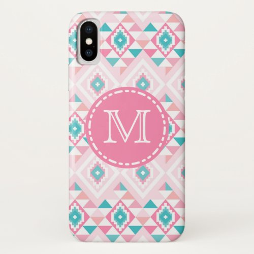 Pink and Turqoise Geometric Aztec _ Monogrammed iPhone X Case