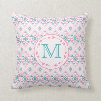 Pink and Turqoise Geometric Aztec - Monogrammed Throw Pillow
