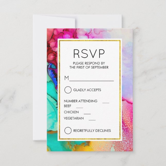 Pink and Turquoise Abstract Watercolor RSVP Card (Front)