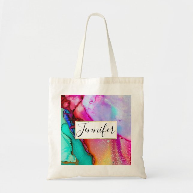 Pink and Turquoise Abstract Watercolor Tote Bag (Front)