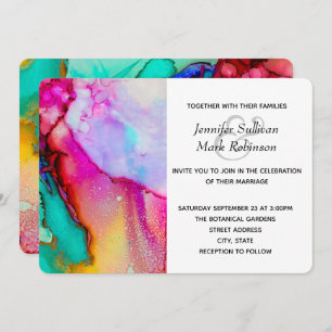 Pink and Turquoise Abstract Watercolor Wedding Invitation