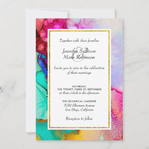 Pink and Turquoise Abstract Watercolor Wedding Invitation