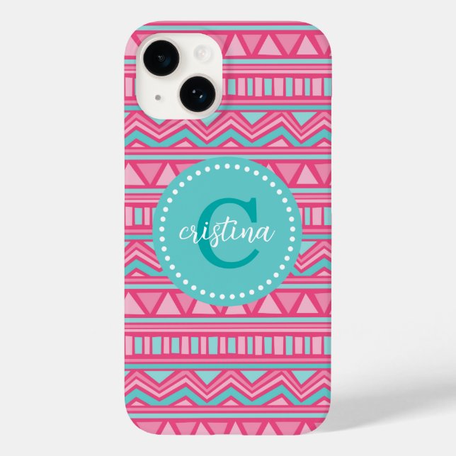 Pink and Turquoise Aztec Chevron Custom Monogram Case-Mate iPhone Case (Back)