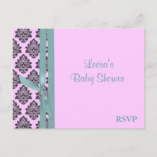 Pink and Turquoise Damask RSVP Invitation Postcard