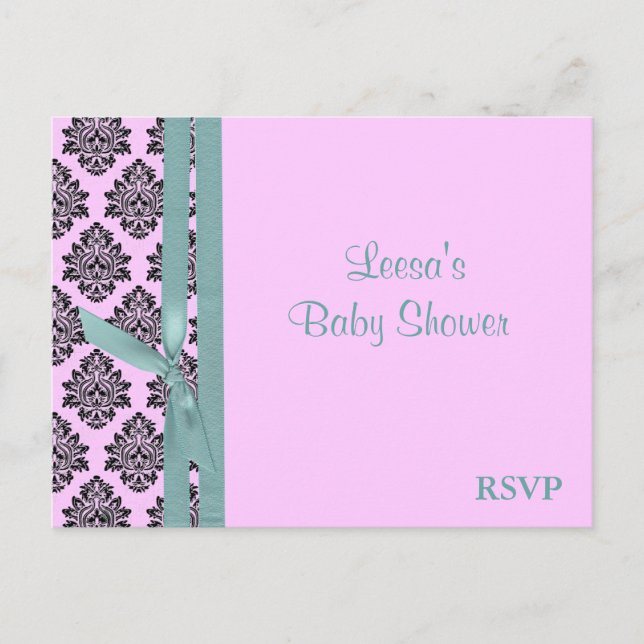 Pink and Turquoise Damask RSVP Invitation Postcard (Front)
