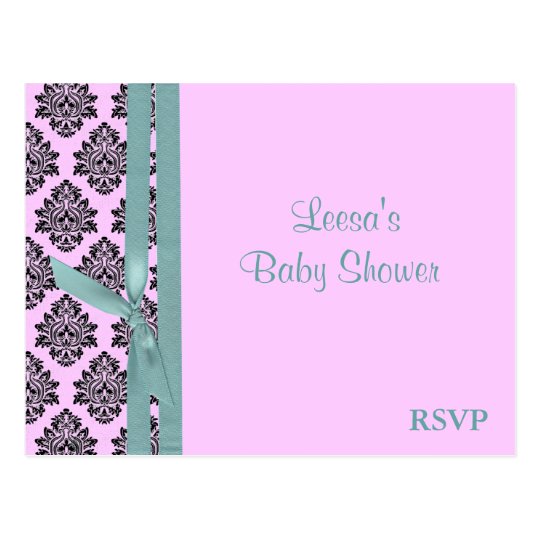 Pink and Turquoise Damask RSVP Postcard