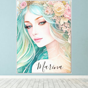 Pink and Turquoise Ethereal Floral Mermaid Hair Canvas Print