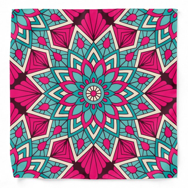 Pink and turquoise floral mandala pattern bandana (Front)