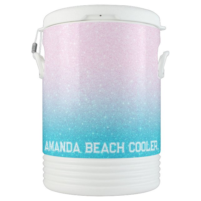 Pink and turquoise glitter ombre background beverage cooler (Back)