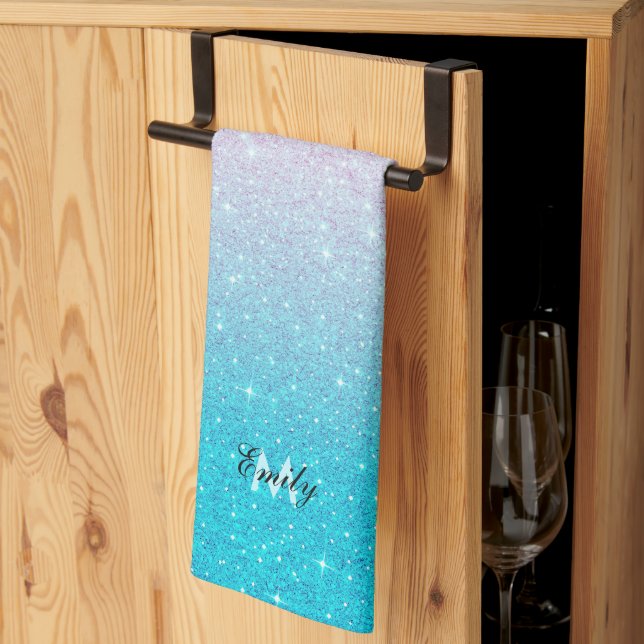 Pink and Turquoise Glitter Ombre Kitchen Towel (Thirds Fold)