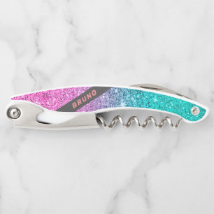 Pink and turquoise glitter ombre monogram waiter's corkscrew