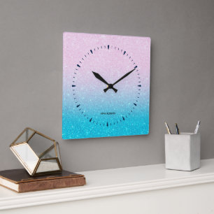 Pink and Turquoise Glitter Ombre Square Wall Clock