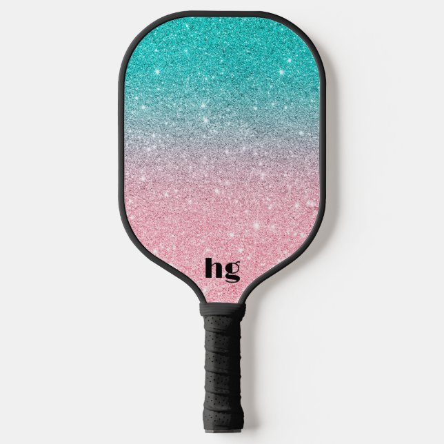 Pink and turquoise glitter texture image pickleball paddle (Front)