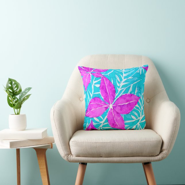 Pink and Turquoise Leafy Pattern Throw Pillow (Chair)