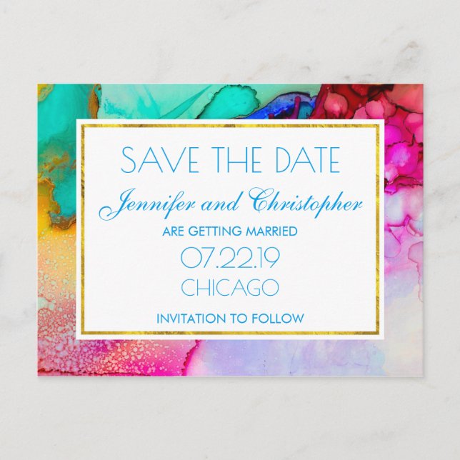 Pink and Turquoise Marble Abstract Watercolor Announcement Postcard (Front)