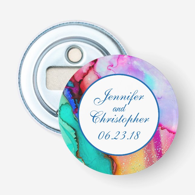 Pink and Turquoise Marble Abstract Watercolor Bottle Opener (Front)