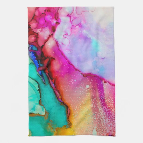 Pink and Turquoise Marble Abstract Watercolor Kitchen Towel