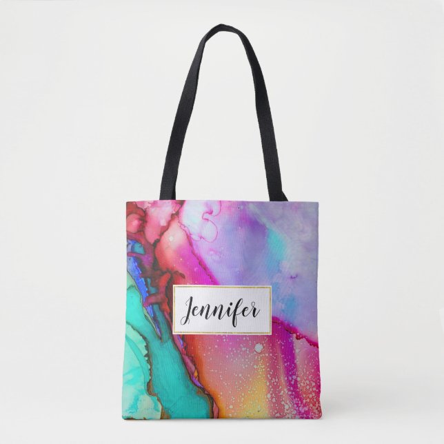 Pink and Turquoise Marble Abstract Watercolor Tote Bag (Front)