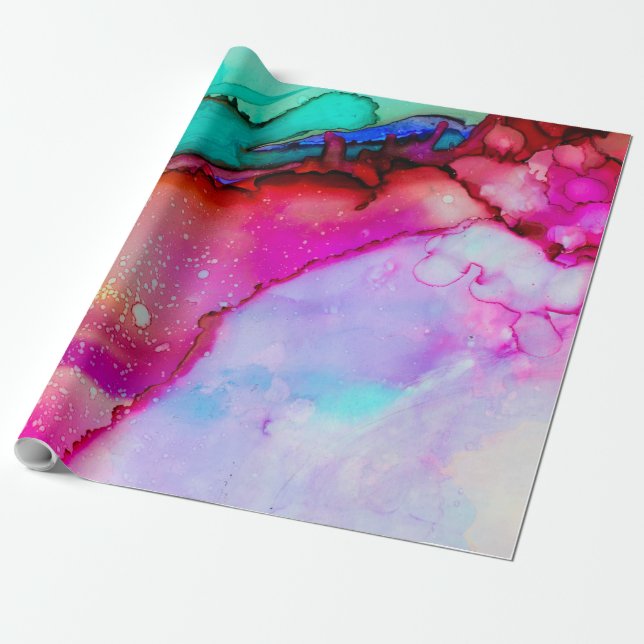 Pink and Turquoise Marble Abstract Watercolor Wrapping Paper (Unrolled)