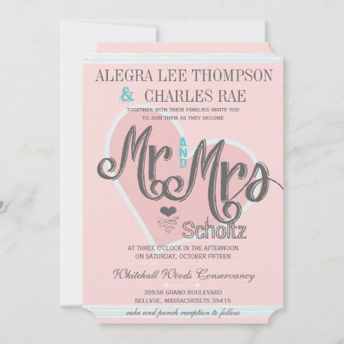 Pink and Turquoise Mr and Mrs Typography Weddings Invitation