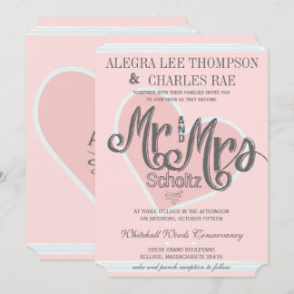 Pink and Turquoise Mr and Mrs Typography Weddings Invitation