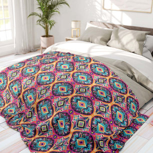 Pink and Turquoise Ornamental Flowers Bohemian Fleece Blanket