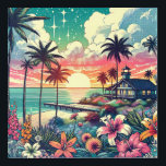 Pink and Turquoise Paradise | Beach Art<br><div class="desc">Pretty turquoise,  teal and pink ocean view with a sunset and silhouettes of palm trees,  beautiful tropical flowers and a pier and beach house.</div>
