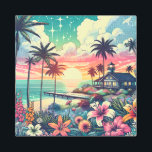 Pink and Turquoise Paradise | Beach Art<br><div class="desc">Pretty turquoise, teal and pink ocean view with a sunset and silhouettes of palm trees, beautiful tropical flowers and a pier and beach house.</div>