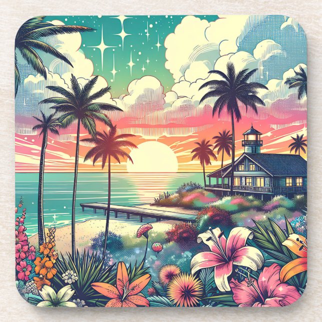Pink and Turquoise Paradise | Beach Art Beverage Coaster (Front)