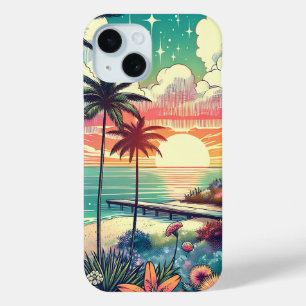 Pink and Turquoise Paradise Beach Art iPhone 15 Case