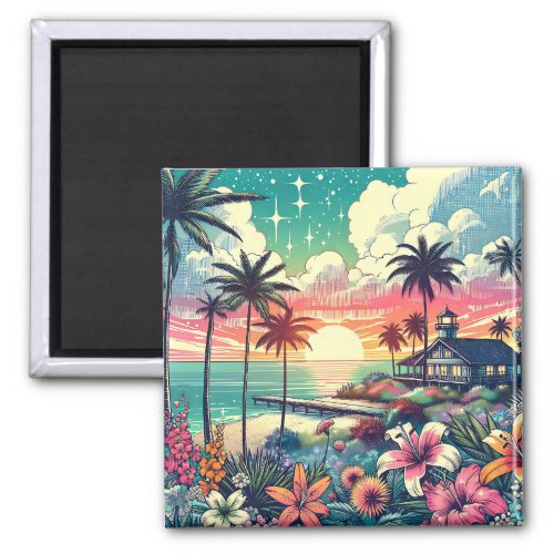 Pink and Turquoise Paradise  Beach Art Magnet