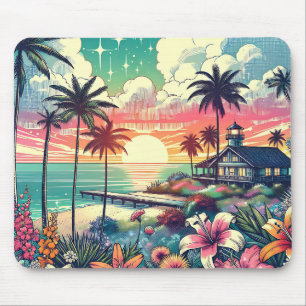 Pink and Turquoise Paradise Beach Art Mouse Pad