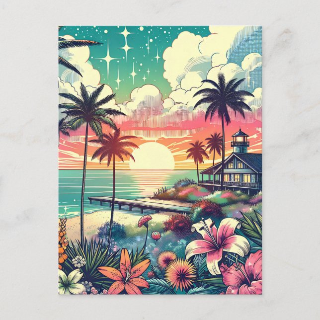 Pink and Turquoise Paradise | Beach Art Postcard (Front)