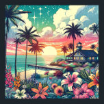 Pink and Turquoise Paradise | Beach Art Poster<br><div class="desc">Pretty turquoise, teal and pink ocean view with a sunset and silhouettes of palm trees, beautiful tropical flowers and a pier and beach house.</div>