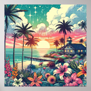 Pink and Turquoise Paradise Beach Art Poster