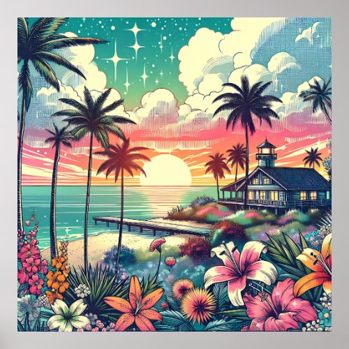 Pink and Turquoise Paradise  Beach Art Poster