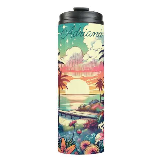 Pink and Turquoise Paradise | Beach Art Thermal Tumbler (Front)