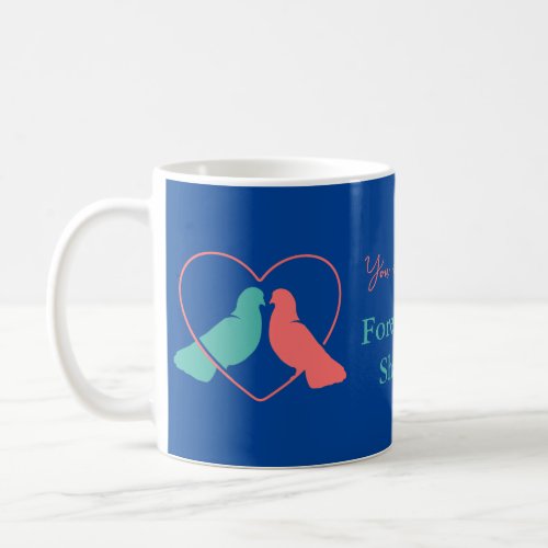 PINK AND TURQUOISE PIGEONS IN THR HEART VALENTINE  COFFEE MUG