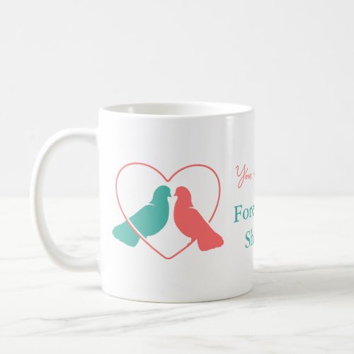 PINK AND TURQUOISE PIGEONS IN THR HEART VALENTINE  COFFEE MUG