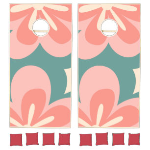 Pink and turquoise retro style flowers cornhole set