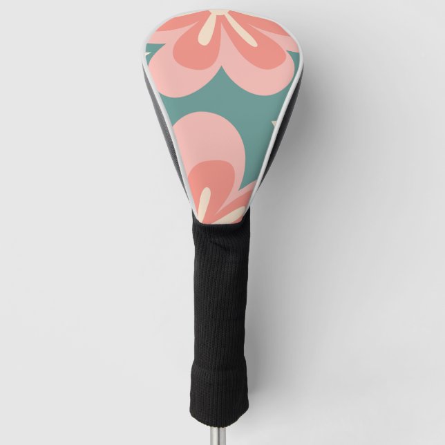 Pink and turquoise retro style flowers golf head cover (Front)